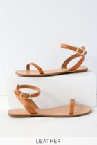 Colette Cognac Nappa Leather Flat Ankle Strap Sandal Heels | Lulus