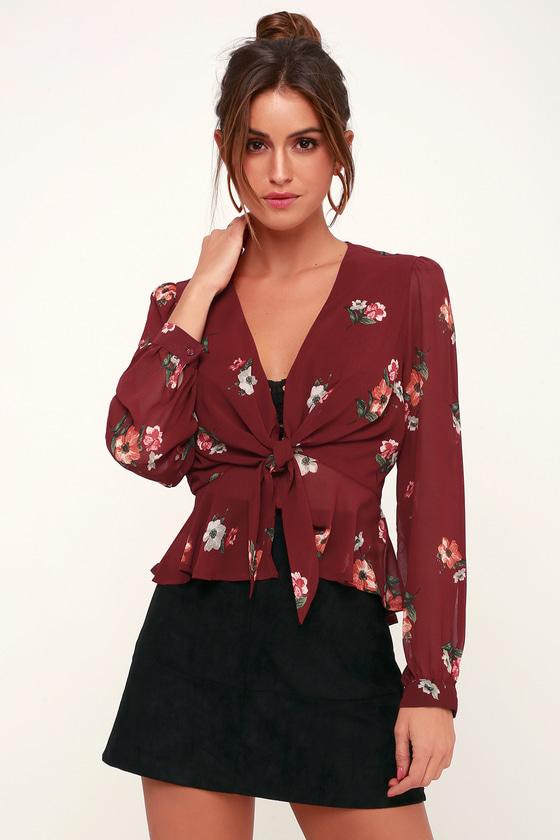 Astr The Label Laney Burgundy Floral Print Long Sleeve Tie-front Top | Lulus