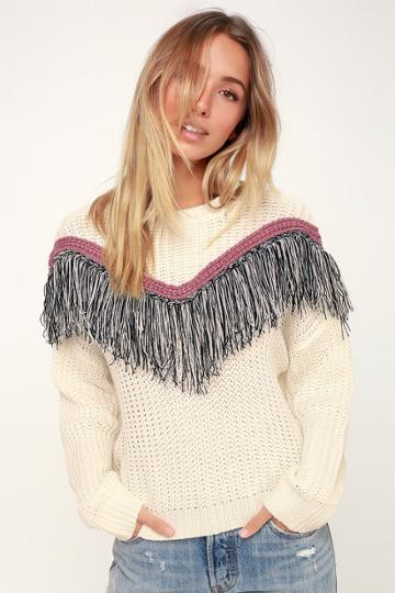 Lush Phenomenon Cream Fringe Knit Sweater | Lulus