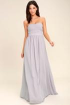 Lulus | All Afloat Light Grey Strapless Maxi Dress | Size Small | 100% Polyester