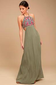 Lulus Little Beach Olive Green Embroidered Maxi Dress