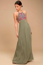 Lulus Little Beach Olive Green Embroidered Maxi Dress