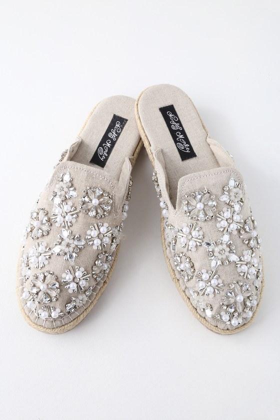 Naughty Monkey Amaryllis Cream Beaded Espadrille Loafer Slides | Lulus