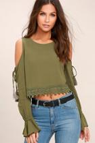 Lulus Trip To The Vineyard Olive Green Long Sleeve Lace Crop Top