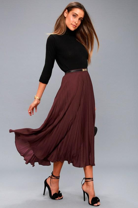 Lost + Wander | Bordeaux Plum Purple Pleated Midi Skirt | Lulus