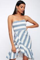 Delfino Blue And White Striped Ruffled Strapless Midi Dress | Lulus