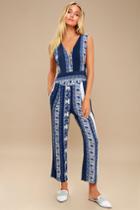 Free People All Shook Up Blue Print Sleeveless Jumpsuit | Lulus