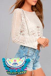 Lulus Party In Paradise Blue Embroidered Pompom Clutch