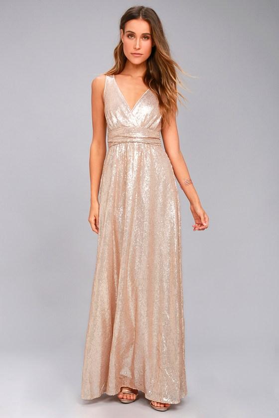 Lulus | Fan Favorite Matte Rose Gold Sequin Maxi Dress | Size Large | 100% Polyester