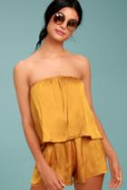 Lulus | Catia Mustard Yellow Satin Strapless Romper | Size Large | 100% Polyester