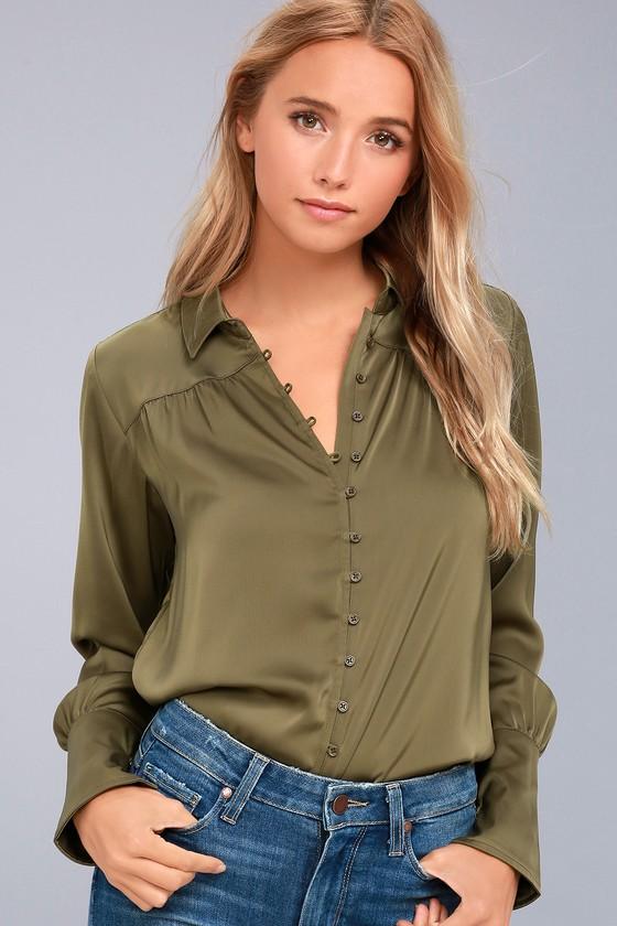 Black Swan | Tess Olive Green Satin Button-up Top | Size Large | Lulus