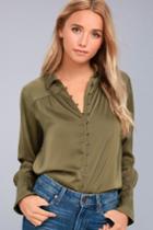 Black Swan | Tess Olive Green Satin Button-up Top | Size Large | Lulus
