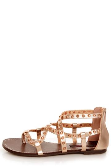 Dollhouse Gladiator Rose Gold Studded Strappy Flat Sandals
