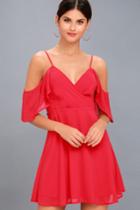 Lulus | Cosmopolitan Red Off-the-shoulder Skater Dress | Size Large | 100% Polyester