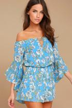 Lulus Stay Sweet Light Blue Floral Print Off-the-shoulder Romper
