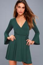 Lulus | Plot Twist Forest Green Flounce Sleeve Wrap Dress | Size Large