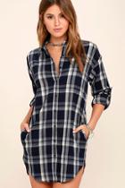 Lulus Leaves And Thank You Navy Blue Plaid Shirt Dress