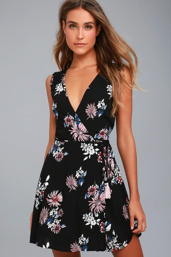 Midnight Flower Black Floral Print Wrap Dress | Lulus
