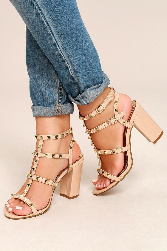 Dbdk | Camila Nude Patent Studded Ankle Strap Heels | Size 10 | Pink | Vegan Friendly | Lulus