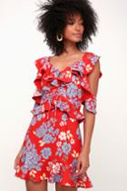 C/meo Questions Red Floral Print Cold Shoulder Mini Dress | Lulus