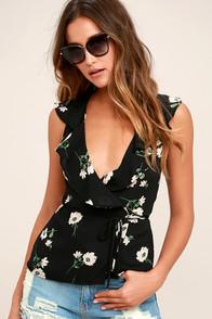 Lulus Build Me Up Buttercup Black Floral Print Wrap Top