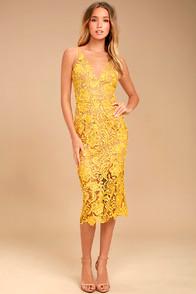 Dress The Population Marie Yellow Lace Midi Dress