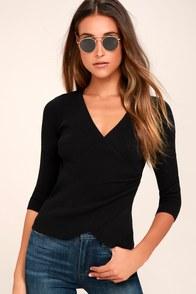 Lulus Just My Type Black Long Sleeve Wrap Top