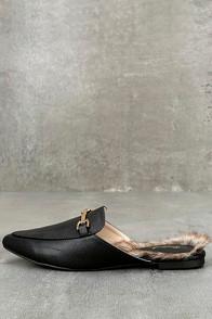 Qupid Antonia Black Faux Fur Loafer Slides