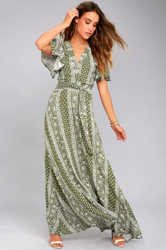 Sage The Label Sage The Label Catalina Olive Green Print Maxi Wrap Day Dress | Size Medium | 100% Rayon | Lulus