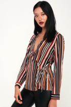 Mckenna Brown Multi Striped Long Sleeve Wrap Top | Lulus