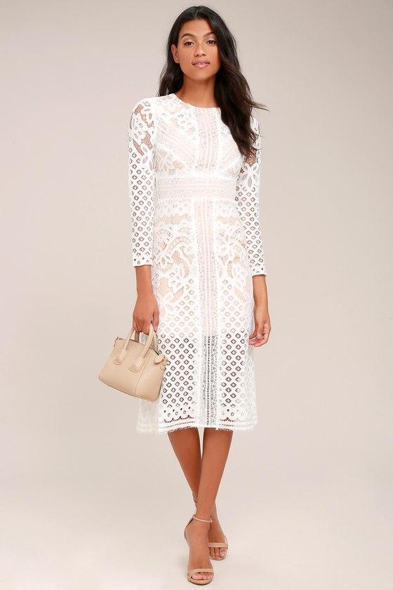 Keepsake | Bridges White Lace Long Sleeve Midi Dress | Size Xx-small | 100% Polyester | Lulus