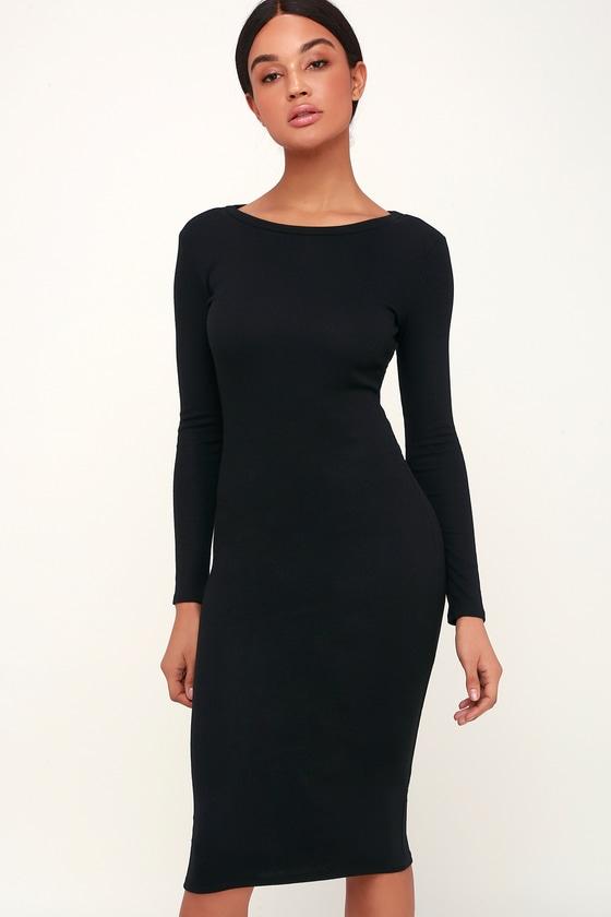 Connelly Black Ribbed Long Sleeve Bodycon Midi Dress | Lulus