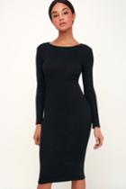 Connelly Black Ribbed Long Sleeve Bodycon Midi Dress | Lulus