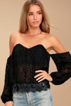 Lulus | Like That Black Lace Off-the-shoulder Crop Top | Size Large | 100% Polyester