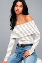 Come Find Me White And Grey Striped Off-the-shoulder Top | Lulus