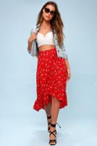 Billabong Dancing Til Dawn Red Floral Print Midi Wrap Skirt | Lulus