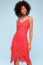 Bb Dakota Rylee Coral Red Lace Bodycon Midi Dress | Lulus
