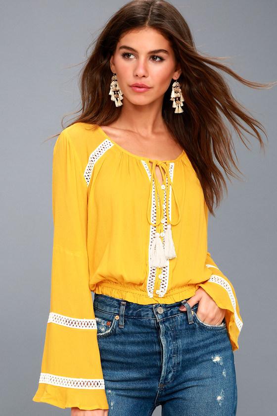 Simpler Times Mustard Yellow Long Sleeve Crop Top | Lulus