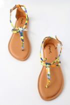 Qupid Shore Yellow Multi Print Ankle Strap Flat Sandal Heels | Lulus