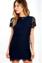 Lulus | Take Me To Brunch Navy Blue Lace Shift Dress | Size Medium | 100% Polyester
