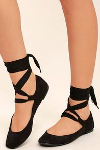 Breckelle's Dreamer Black Suede Lace-up Flats