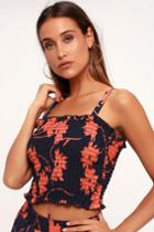 Lucy Love Capri Navy Blue Floral Print Smocked Crop Top | Lulus