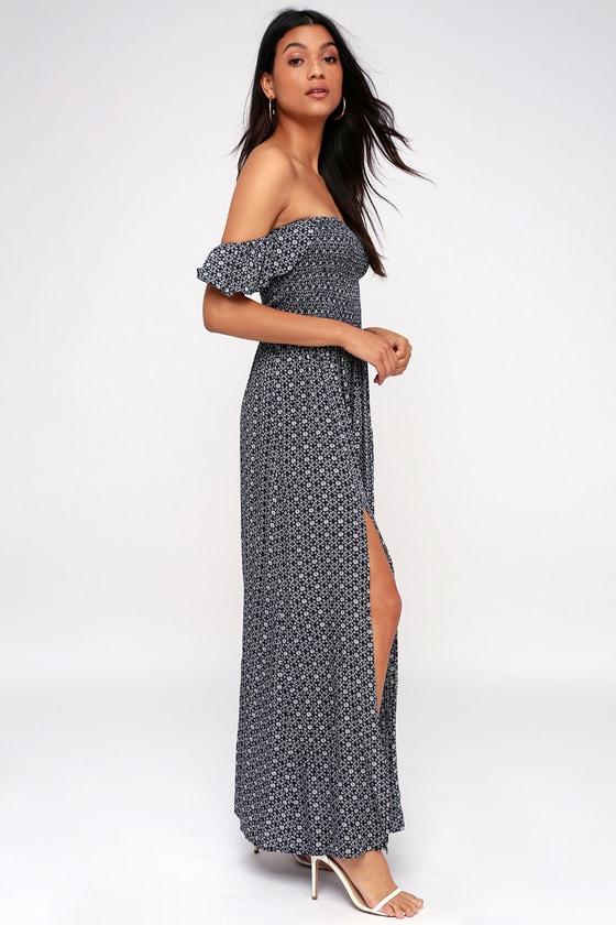 Catch The Sun Navy Blue Print Off-the-shoulder Maxi Dress | Lulus