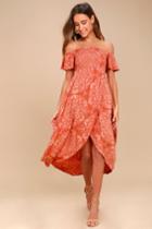 O'neill | Aviva Terra Cotta Print Off-the-shoulder Midi Dress | Size Large | Orange | Lulus