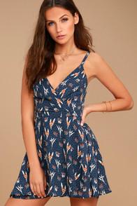 Lulus Seahaven Denim Blue Print Skort Dress