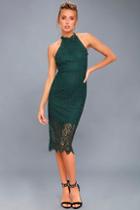 Lulus Kiss Me At Midnight Forest Green Lace Halter Bodycon Midi Dress