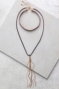 Lulus Quiet Sunset Gold And Brown Necklace Set