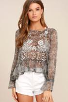 A Calin | Whispering Winds Grey Floral Print Embroidered Top | Size X-small | 100% Polyester | Lulus