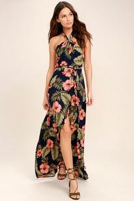 Lulus Splendorous Navy Blue Floral Print Halter Wrap Dress