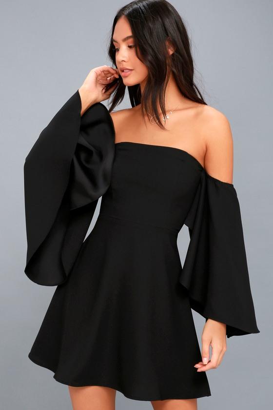 Moonlit Dance Black Off-the-shoulder Skater Dress | Lulus